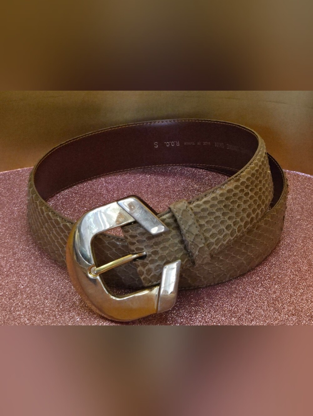 Vintage Genuine Snakeskin Belt Small Tan Exotic Leather Two Tone Buckle Taiwan